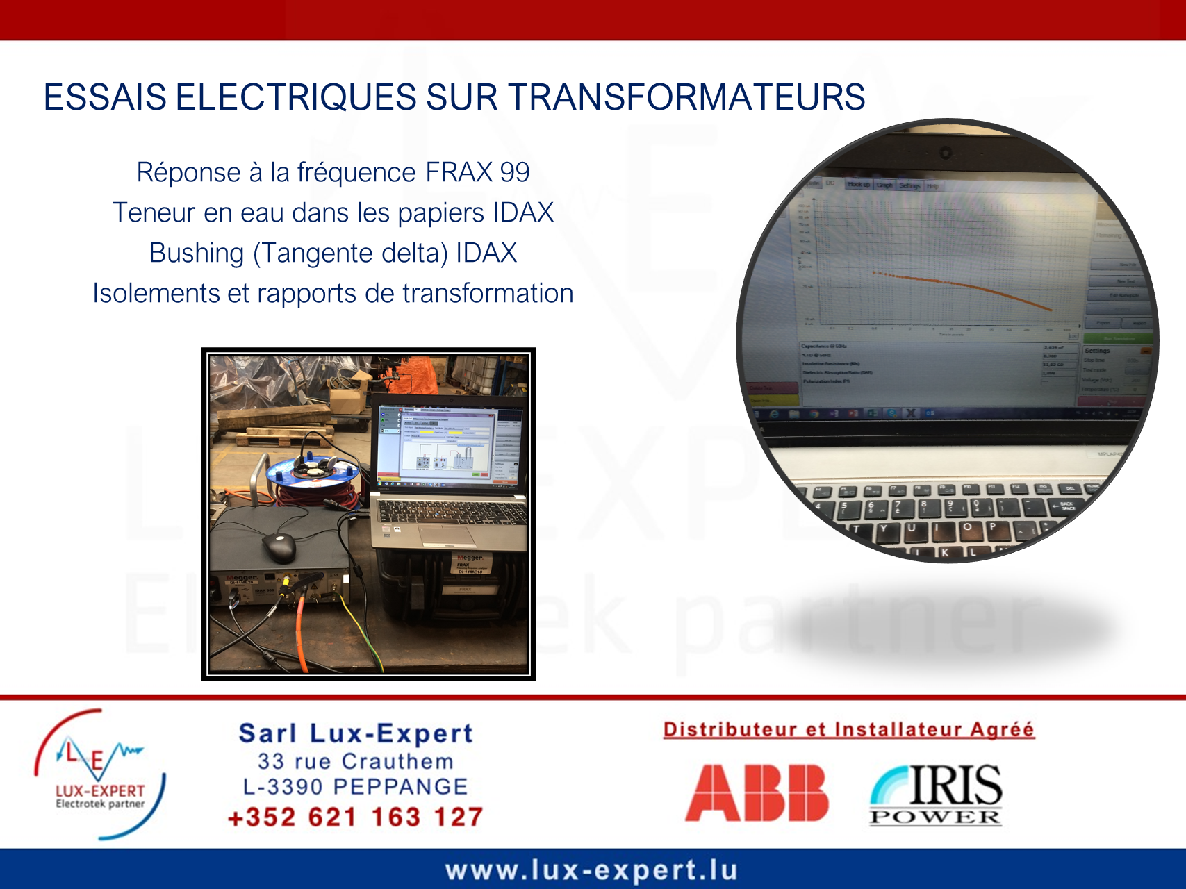 TRANSFORMATEURS BUSHING TANGENTE DELTA LOSS FACTOR REPONSE FREQUENTIELLE ISOLEMENT RAPPORT DE TRANSFORMATION CIRCUIT MAGNETIQUE REGLEUR EN CHARGE GAZ DISSOUS TENEUR EN EAU DES PAPIERS POINTS CHAUDS HAUTE TEMPERATURE BASSE TEMPERATURE 